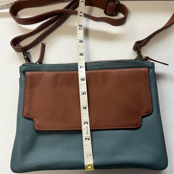 Serrv Leather Purse two Tone Blue & Tan Crossbody Bag Clutch Organizer 7”x10”x2” - Picture 11 of 11